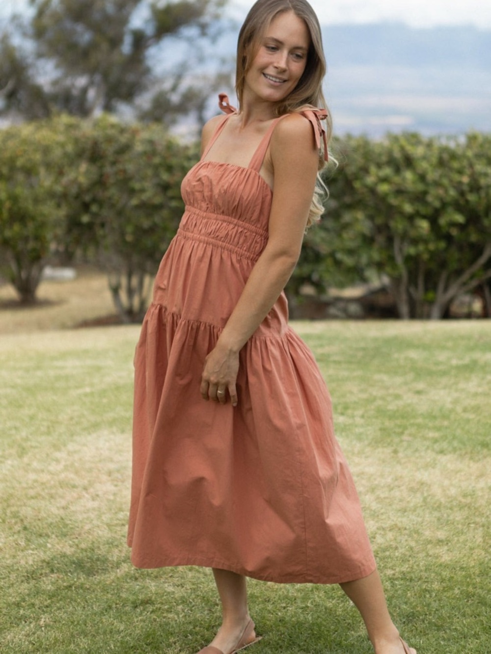 Valentina - Smocked Tie-Shoulder Midi Dress in Rust